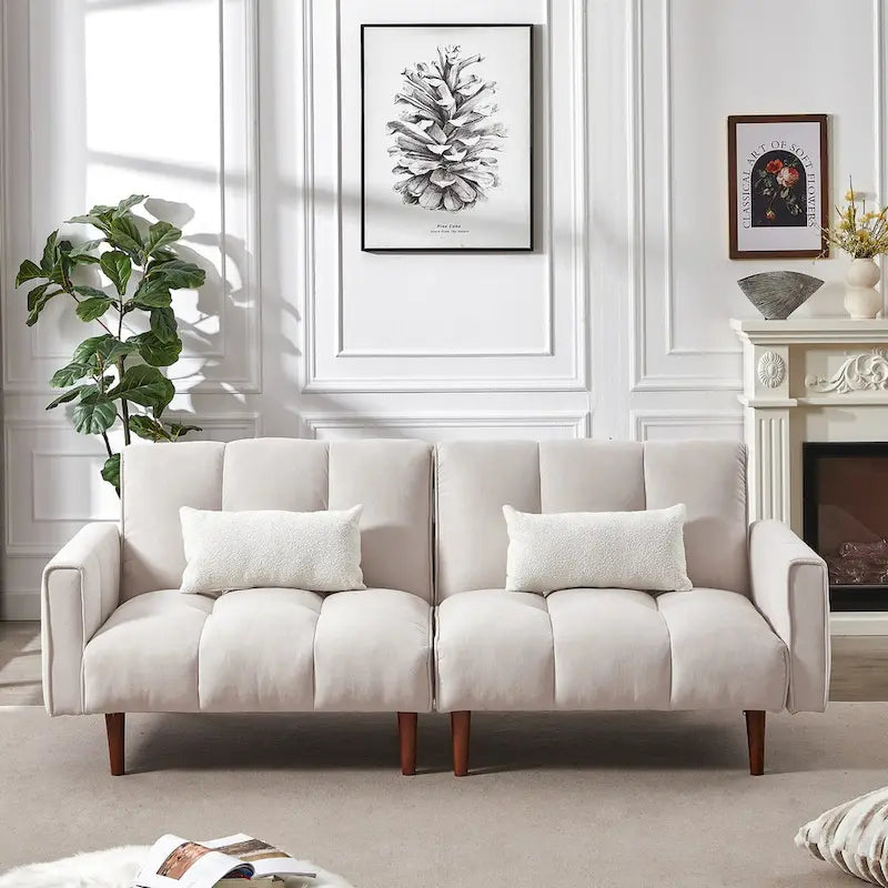 Convertible Futon Sofa Bed, Adjustable Couch Sleeper, Modern Fabric Linen Upholstered Futon Sofa bed with 2 Pillows