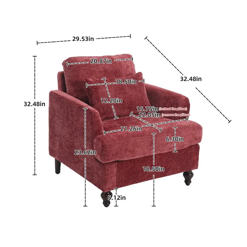 Chenille Single Sofa Chair, Upholstered Accent Chair with Soft Pillow, Mid Century Modern Reading Armchair