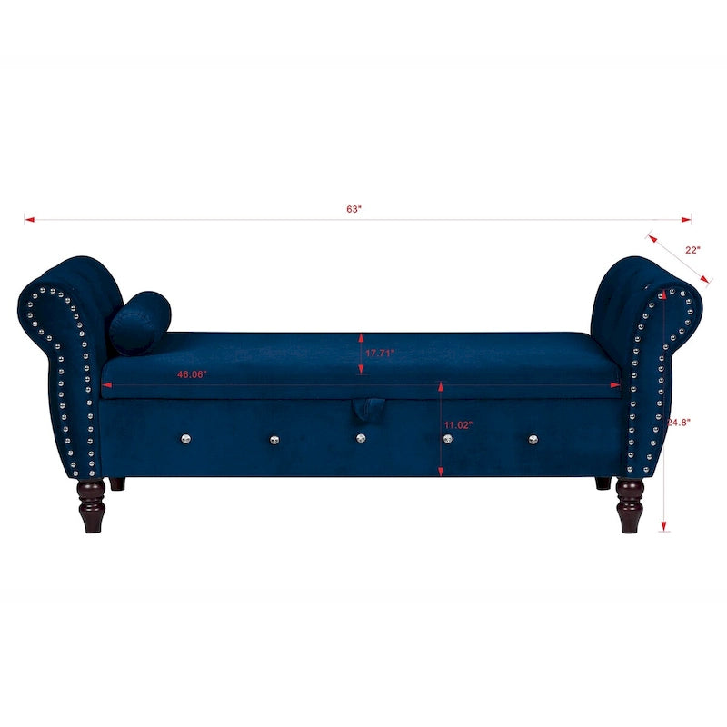 63.4 in. Velvet Bedroom Bench with Solid Wood Legs & 1 Pillow Nail Storage Ottoman Bench with Armrest Crystal Buckle