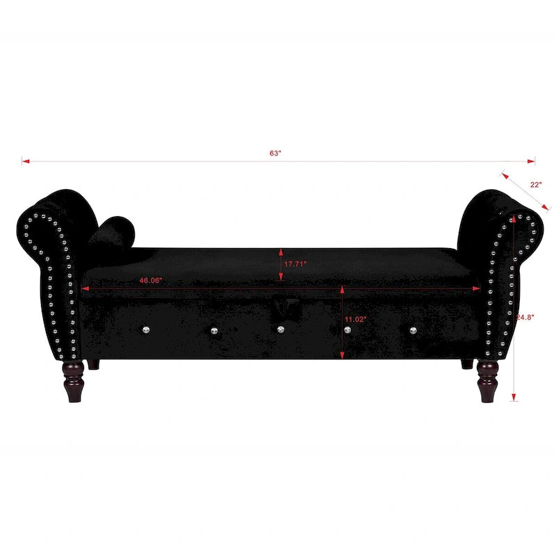 63.4 in. Velvet Bedroom Bench with Solid Wood Legs & 1 Pillow Nail Storage Ottoman Bench with Armrest Crystal Buckle