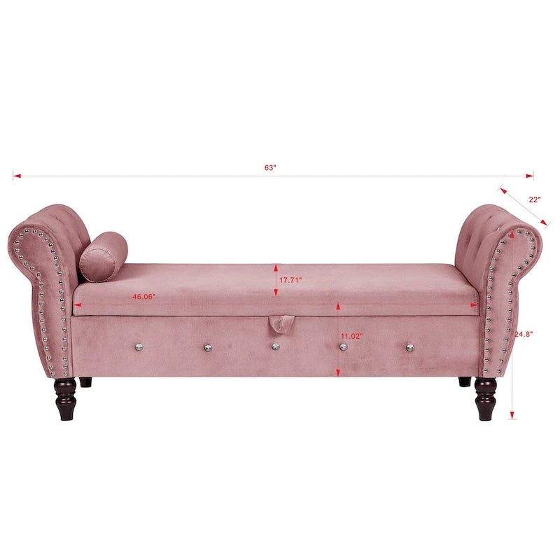 63.4 in. Velvet Bedroom Bench with Solid Wood Legs & 1 Pillow Nail Storage Ottoman Bench with Armrest Crystal Buckle
