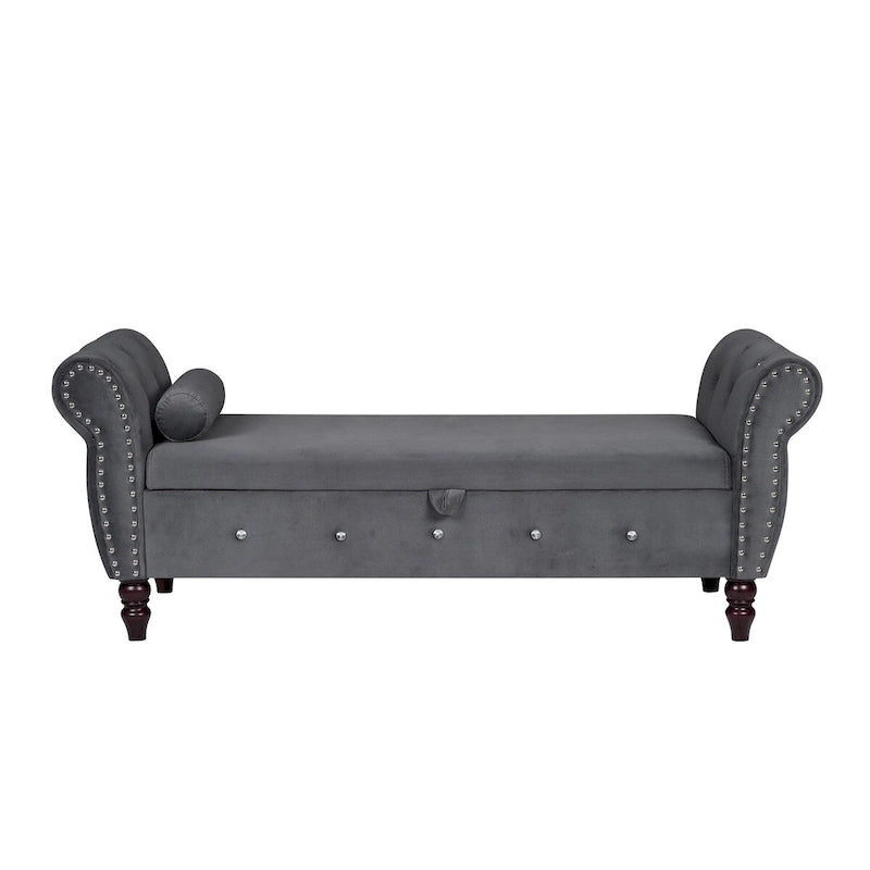63.4 in. Velvet Bedroom Bench with Solid Wood Legs & 1 Pillow Nail Storage Ottoman Bench with Armrest Crystal Buckle