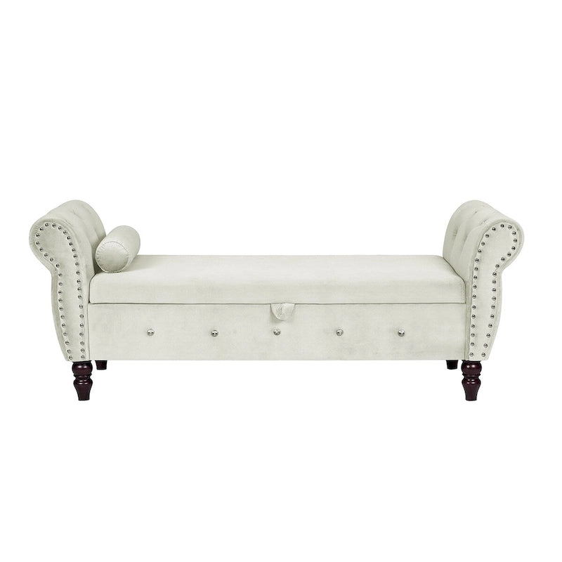 63.4 in. Velvet Bedroom Bench with Solid Wood Legs & 1 Pillow Nail Storage Ottoman Bench with Armrest Crystal Buckle
