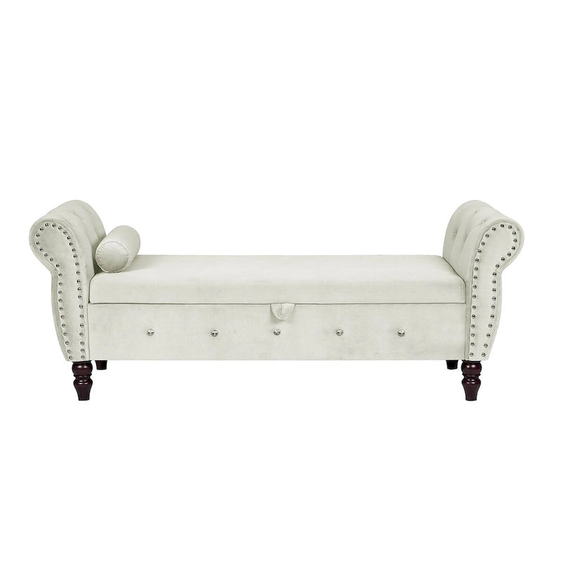 63.4 in. Velvet Bedroom Bench with Solid Wood Legs & 1 Pillow Nail Storage Ottoman Bench with Armrest Crystal Buckle