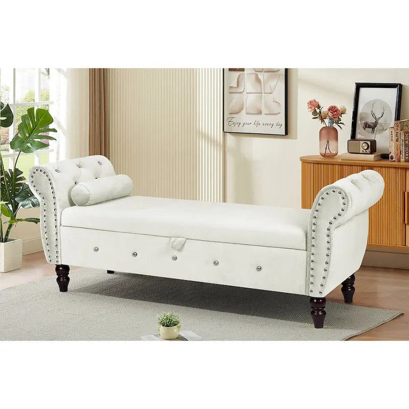 63.4 in. Velvet Bedroom Bench with Solid Wood Legs & 1 Pillow Nail Storage Ottoman Bench with Armrest Crystal Buckle