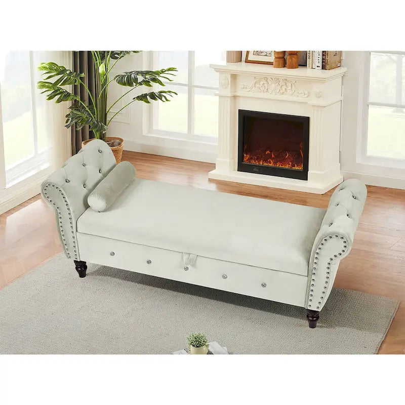 63.4 in. Velvet Bedroom Bench with Solid Wood Legs & 1 Pillow Nail Storage Ottoman Bench with Armrest Crystal Buckle