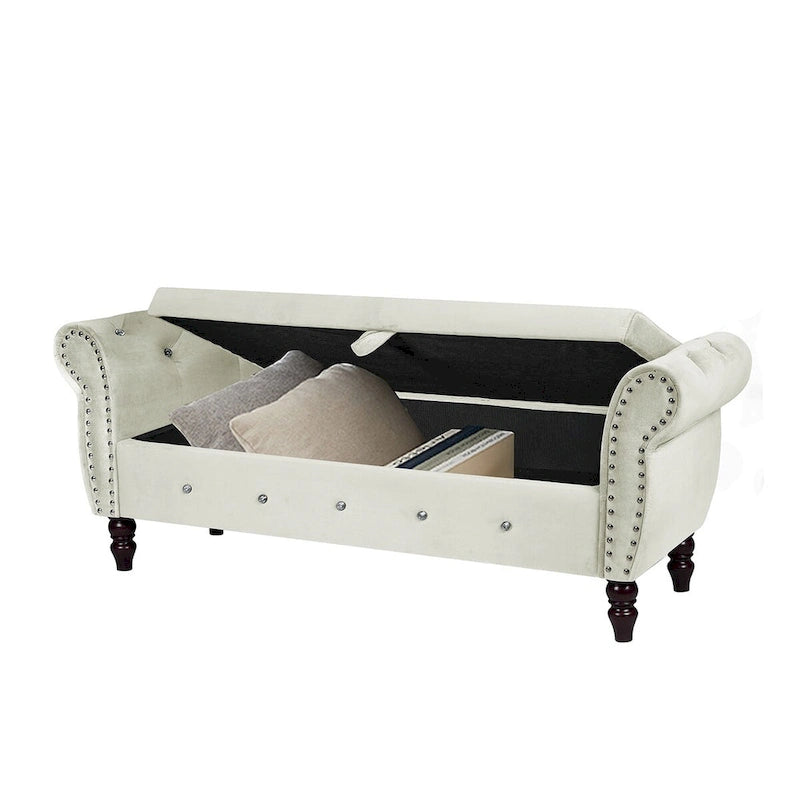 63.4 in. Velvet Bedroom Bench with Solid Wood Legs & 1 Pillow Nail Storage Ottoman Bench with Armrest Crystal Buckle