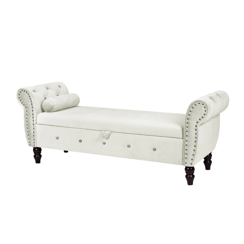 63.4 in. Velvet Bedroom Bench with Solid Wood Legs & 1 Pillow Nail Storage Ottoman Bench with Armrest Crystal Buckle