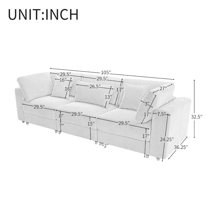 3 Seater Sofa with Removable Back Cushions and 5 Pillows