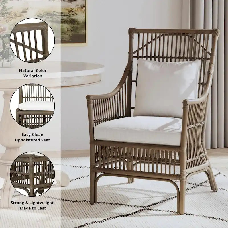 Sedia da Pranzo con Braccioli e Schienale a Doghe in Rattan con Cuscino di East at Main - 24x25.5x39.25