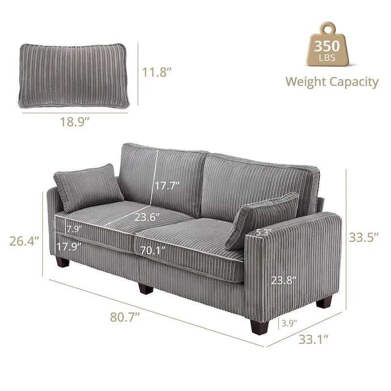 LUE BONA 81 Moderno Divano a 3 posti in Velluto a Coste, Divano Imbottito Rettangolare in Poliestere per Soggiorno - 81L X 33P X 26A