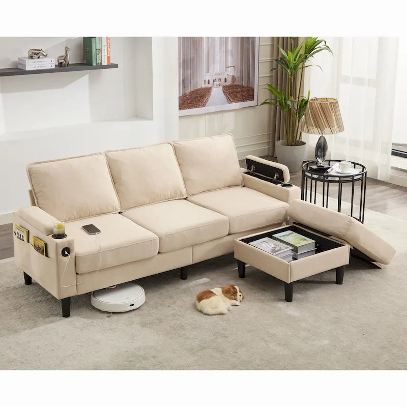 Divano angolare a 3 posti con pouf contenitore