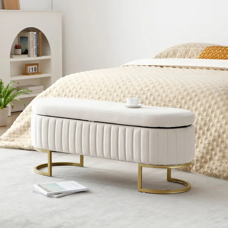 Storage Bench Bedroom Bench, Velvet Oval Upholstered End of Bed Bench with Golden Metal Legs,50 Storage Ottoman Bench