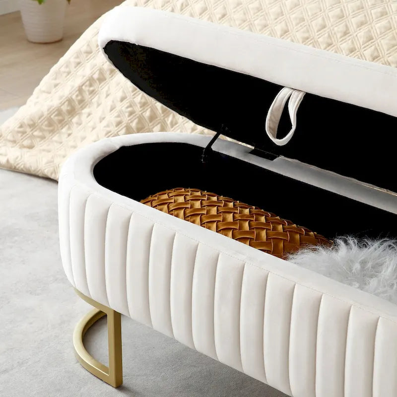 Storage Bench Bedroom Bench, Velvet Oval Upholstered End of Bed Bench with Golden Metal Legs,50 Storage Ottoman Bench