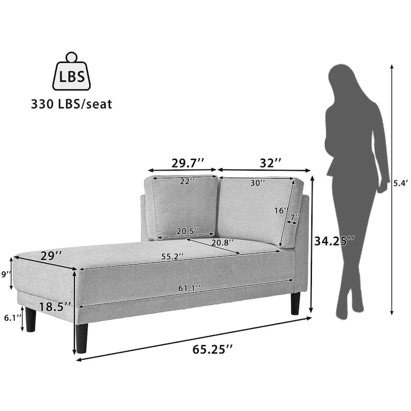 65 Linen Fabric Corner Sofa, Upholstered Indoor Chaise Lounge, Sleeper Sofa, Solid Wood Sofa Bed for Bedroom Living Room