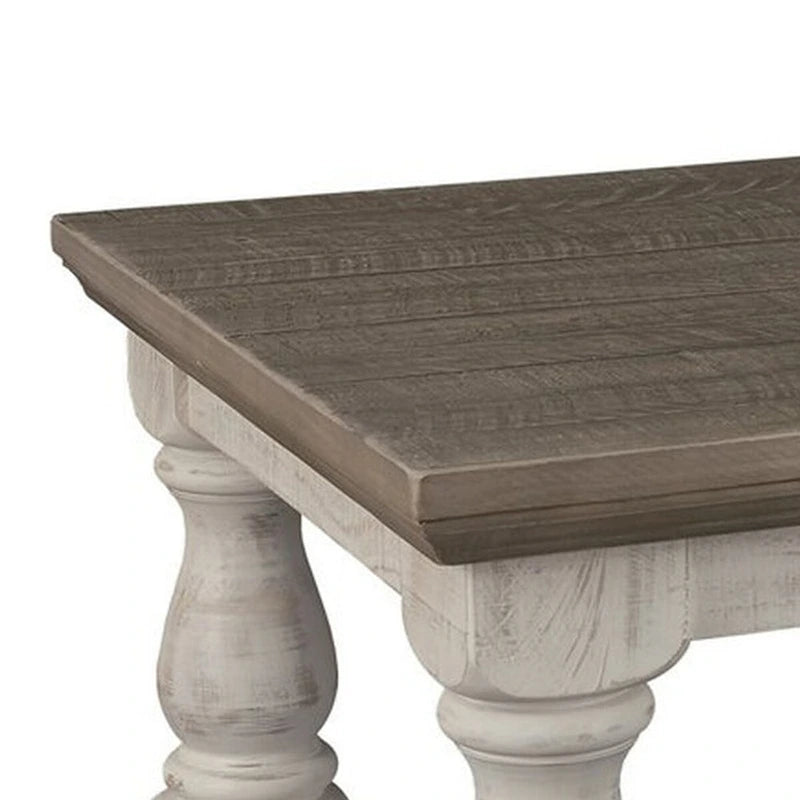 Tavolino rettangolare in legno con base a cavalletto, marrone e bianco anticato