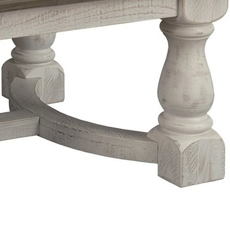Tavolino rettangolare in legno con base a cavalletto, marrone e bianco anticato