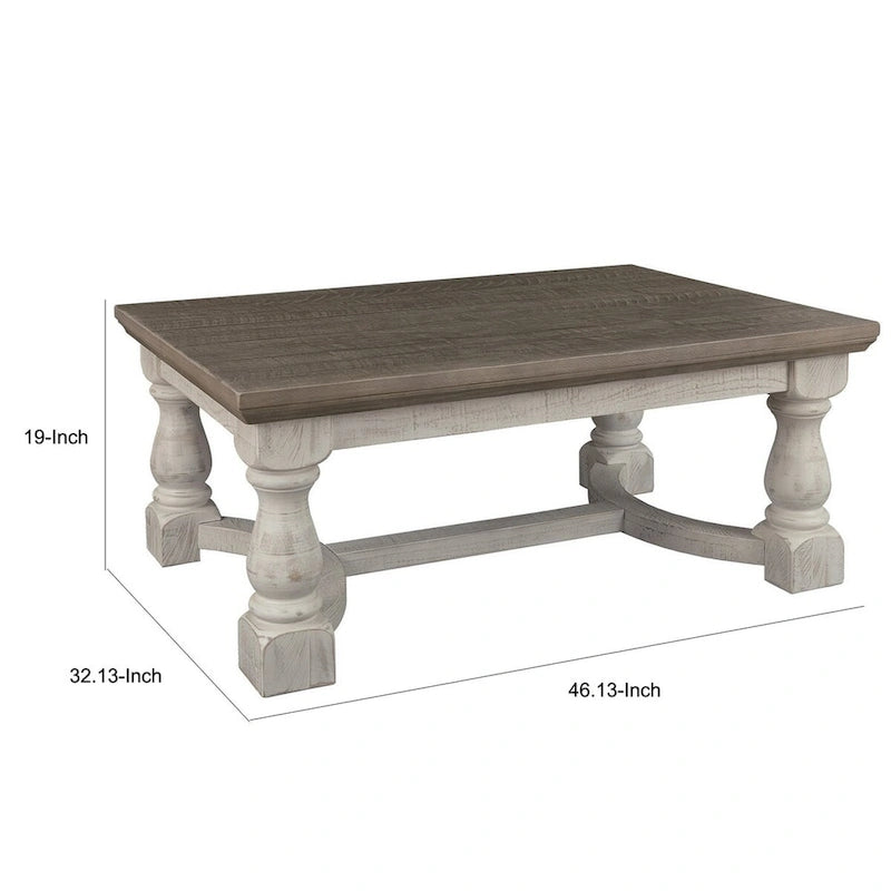 Tavolino rettangolare in legno con base a cavalletto, marrone e bianco anticato