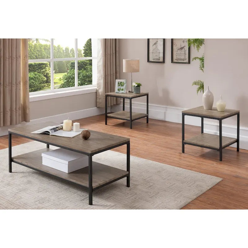 3 Piece Gray Finish Wood/Black Metal Frame Occasional Table Set, Coffee Table & 2