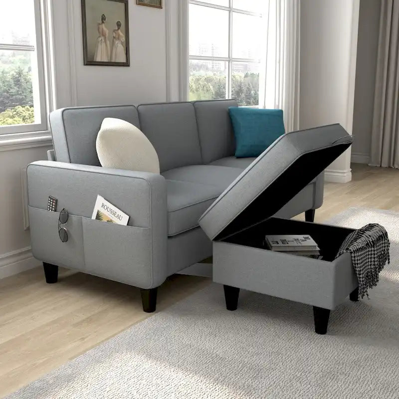 Divano a L 3 posti con contenitore nella chaise longue