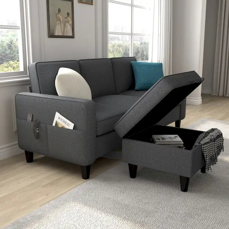Divano a L 3 posti con contenitore nella chaise longue