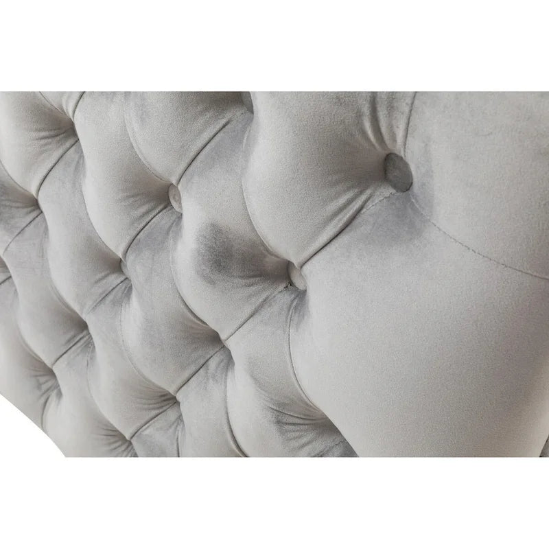 Joel 73 Inch Modern Sofa with 3 Pillows, Tufted Gray Velvet, Silver Legs