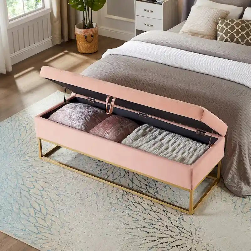 58.6 Bed Bench Metal Base with Storage Pink Velvet