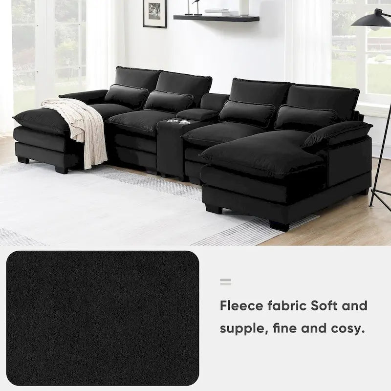 Modern U-shaped Sofa with Console,Cupholders and USB Ports,6-seat Upholstered Symmetrical Indoor Furniture,Black