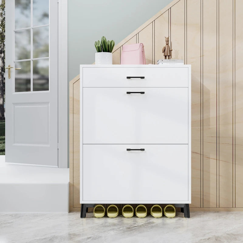 Shoe Storage Cabinet for Entryway, Free Standing Organizer with 2 Flip Drawers, Hidden Shoe Rack for Doorway Hallway Closet