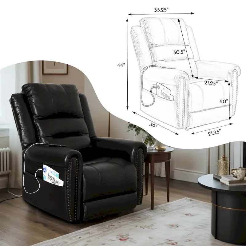 Genuine Leather Black Power Recliner Sofa, Loveseat, Recliner With Adjustable Headrest and Extendable Footrest