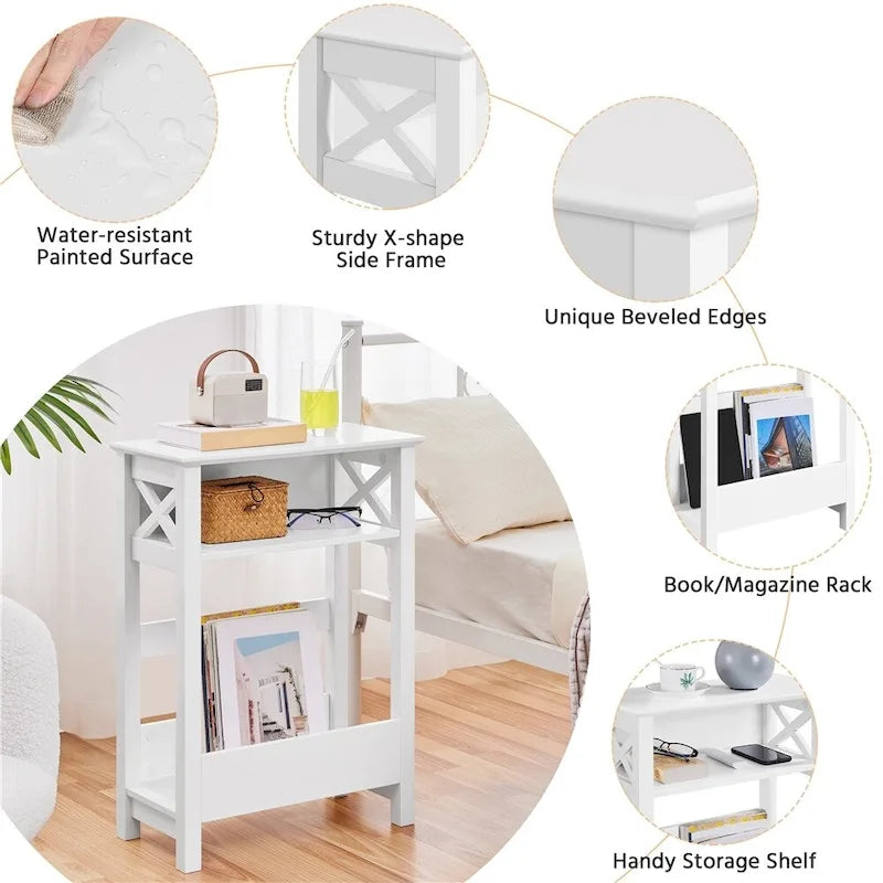 Yaheetech Modern Sofa Side Table with Storage Shelf 3 Tier Slim End Table, White