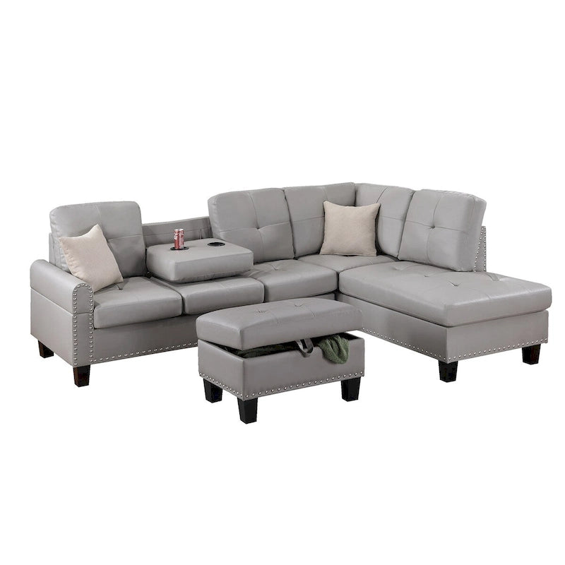 3 Piece Faux Leather Sectional Sofa Set with Storage Ottoman