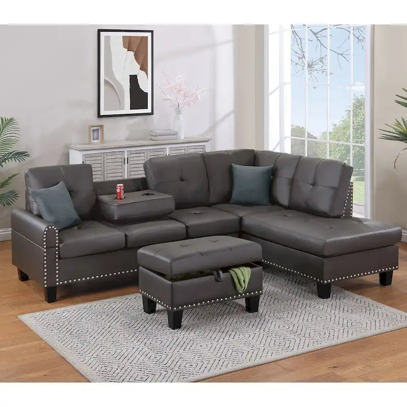 3 Piece Faux Leather Sectional Sofa Set with Storage Ottoman