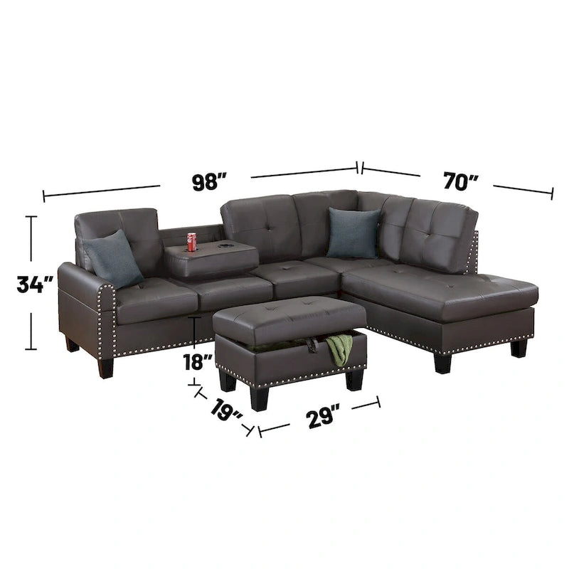 3 Piece Faux Leather Sectional Sofa Set with Storage Ottoman