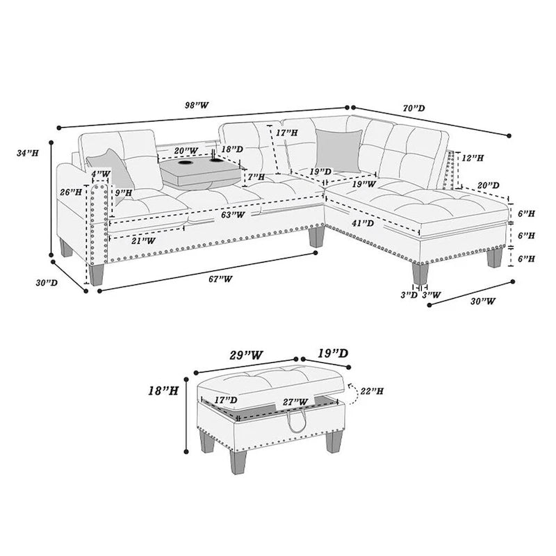 3 Piece Faux Leather Sectional Sofa Set with Storage Ottoman
