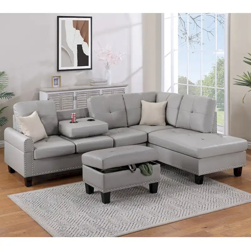 Divano sezionale a 3 posti in ecopelle con pouf contenitore