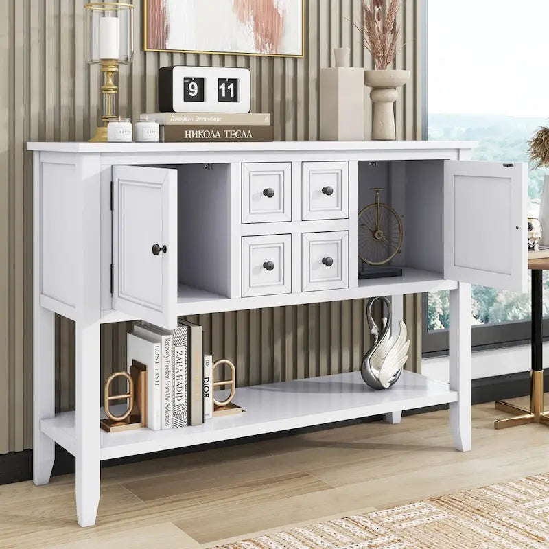 Storage Vintage Console Table with Four Small Drawers and Bottom Shelf for Living Rooms, Entrances and Kitchens