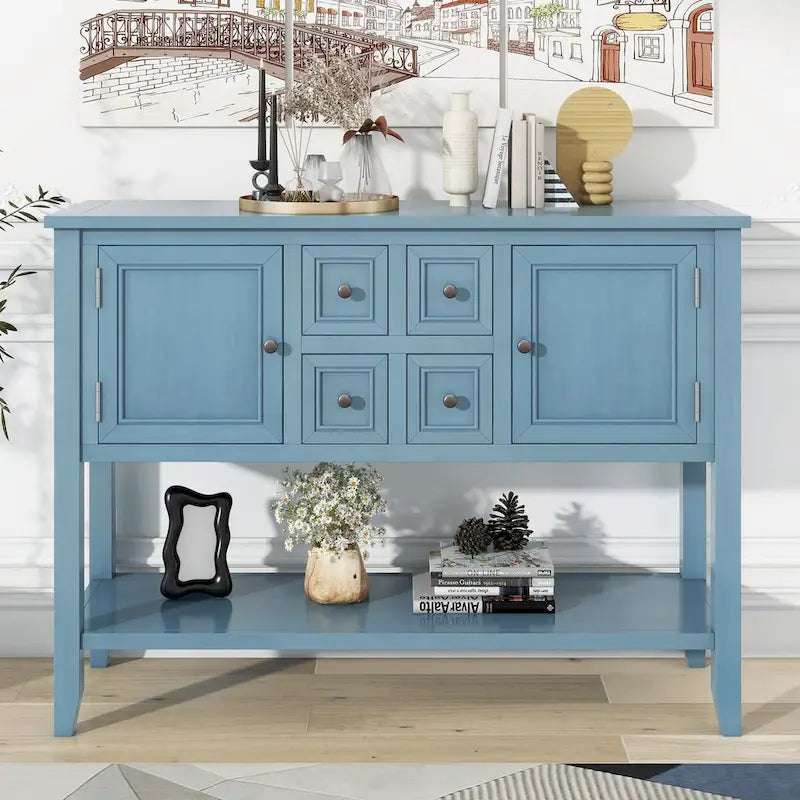 Storage Vintage Console Table with Four Small Drawers and Bottom Shelf for Living Rooms, Entrances and Kitchens