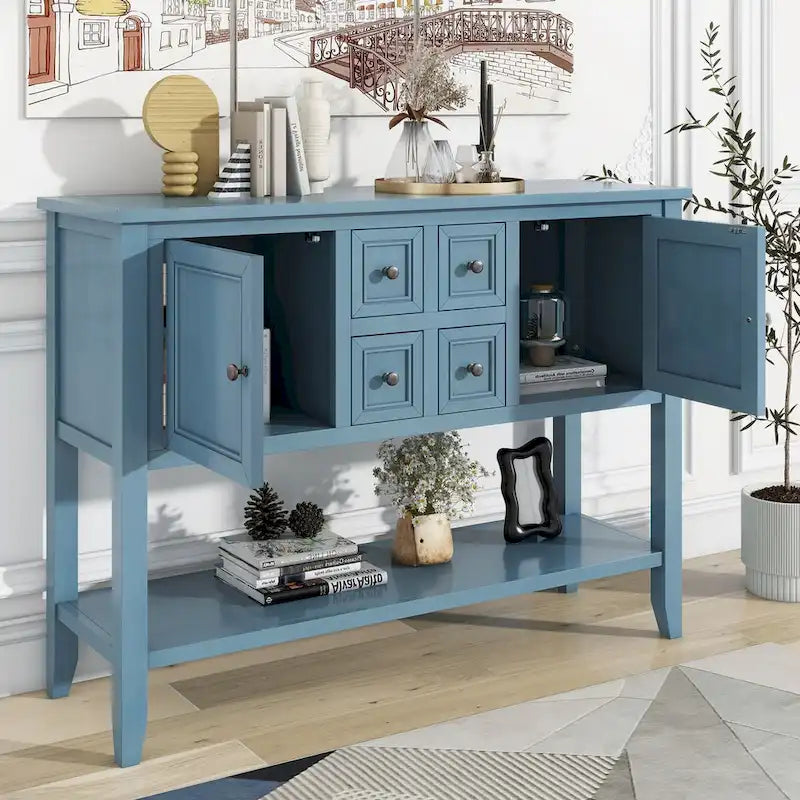 Storage Vintage Console Table with Four Small Drawers and Bottom Shelf for Living Rooms, Entrances and Kitchens