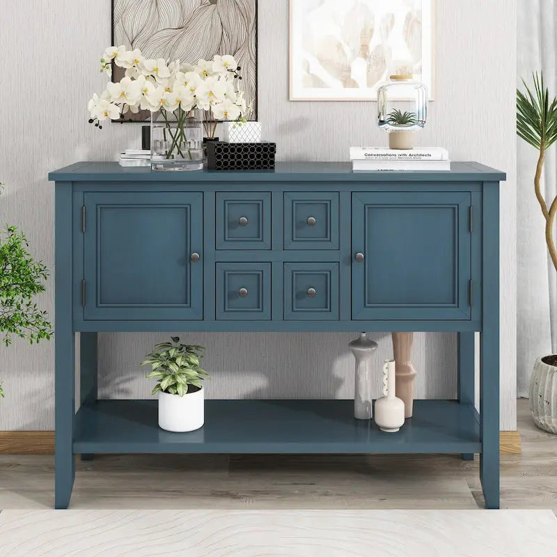 Storage Vintage Console Table with Four Small Drawers and Bottom Shelf for Living Rooms, Entrances and Kitchens