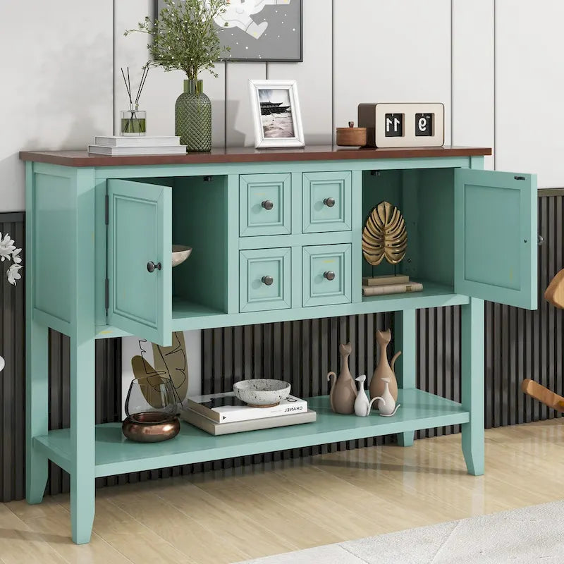 Storage Vintage Console Table with Four Small Drawers and Bottom Shelf for Living Rooms, Entrances and Kitchens