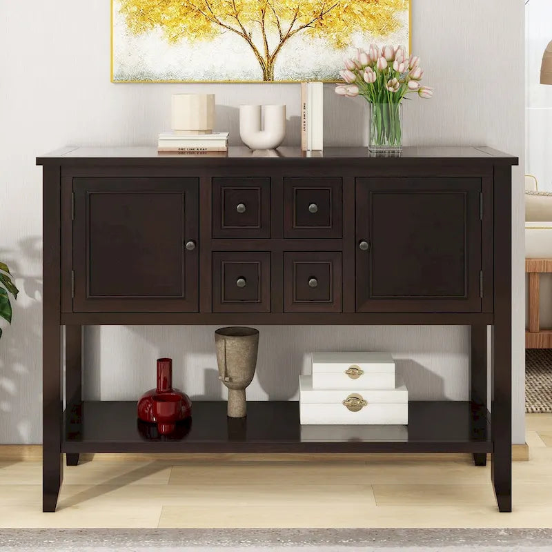 Storage Vintage Console Table with Four Small Drawers and Bottom Shelf for Living Rooms, Entrances and Kitchens