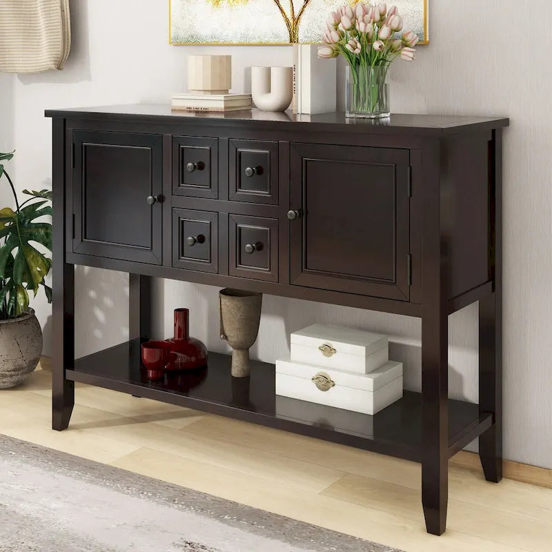 Storage Vintage Console Table with Four Small Drawers and Bottom Shelf for Living Rooms, Entrances and Kitchens