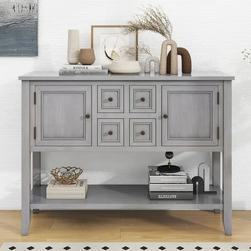 Storage Vintage Console Table with Four Small Drawers and Bottom Shelf for Living Rooms, Entrances and Kitchens