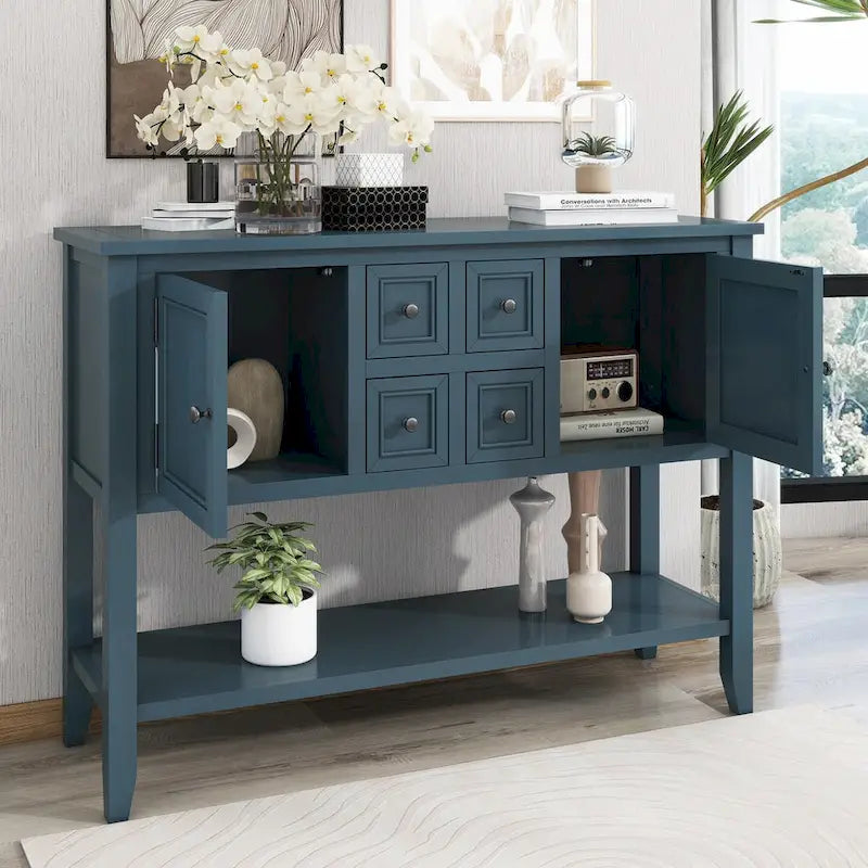 Storage Vintage Console Table with Four Small Drawers and Bottom Shelf for Living Rooms, Entrances and Kitchens