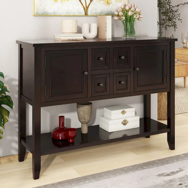 Storage Vintage Console Table with Four Small Drawers and Bottom Shelf for Living Rooms, Entrances and Kitchens