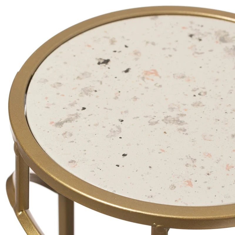 Supporto rotondo decorativo per piante in metallo dorato, tavolo display/tavolino con piano effetto marmo bianco moderno, set di 3 - Set di 3