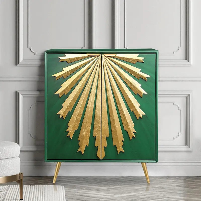 Mid-Century Modern Glam Solid Wood Cabinet 2-Door Sunburst Accent Storage Sideboard Cupboard Dining Room Buffet