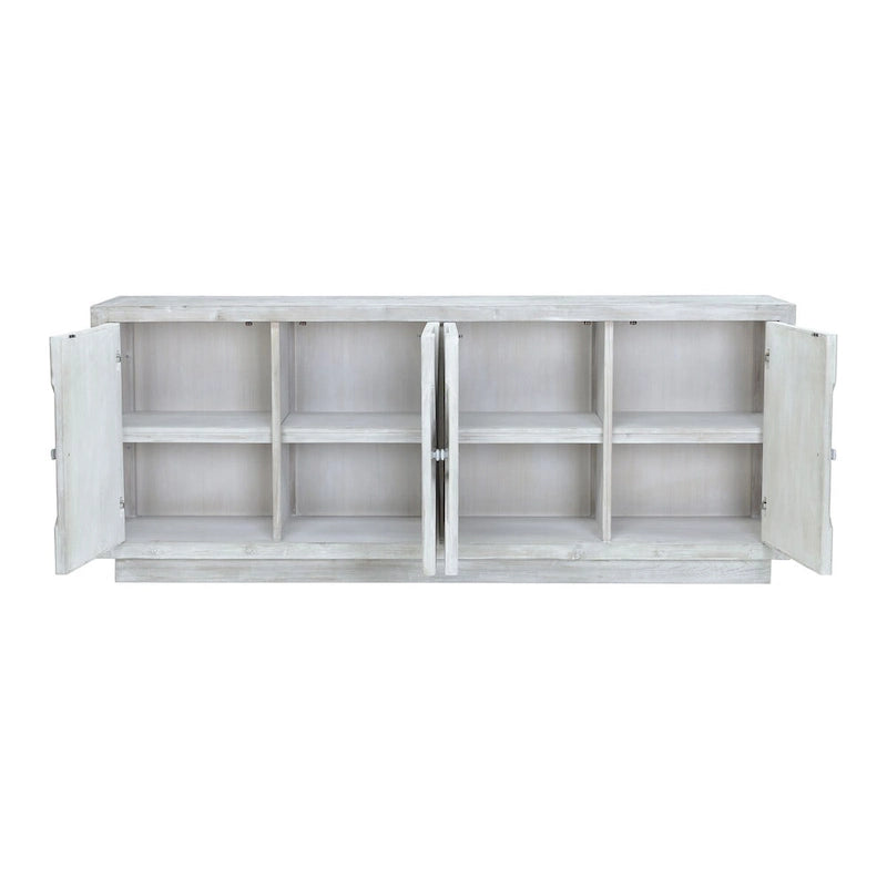 84" Whitewash Carved Sideboard - 4 Door Reclaimed Pine Storage Cabinet