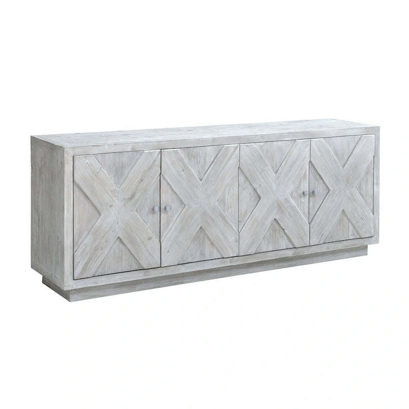 84" Whitewash Carved Sideboard - 4 Door Reclaimed Pine Storage Cabinet